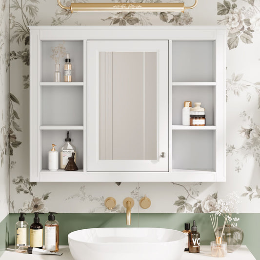 35'' x 27.5'' Medicine Cabinet, Wall Mounted Bathroom Storage Cabinet, Modern Bathroom Wall Cabinet with Mirror, Mirror Cabinet with 6 Open Shelves (Not Include Bathroom Vanity ) luxury home decor