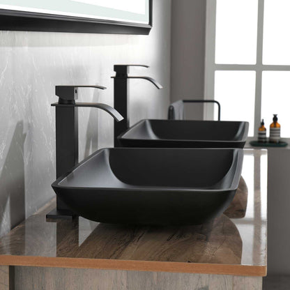 14.38" L -22.25" W -4-3/8 in. H Matte Shell Glass Rectangular Vessel Bathroom Sink in Black with Faucet and Pop-Up Drain in Matte Black - luxuryhomedecoridea.com