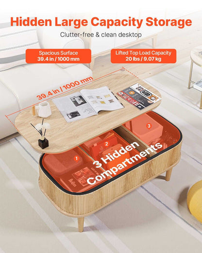 39.4 in Lift Top Coffee Table, Fluted Oval Coffee Table with 3 Hidden Compartment, Mid Century Wooden Oval Center Desk with Storage, Lift Up Tabletop for Home & Office, Easy Assembly, Burlywood - luxuryhomedecoridea.com