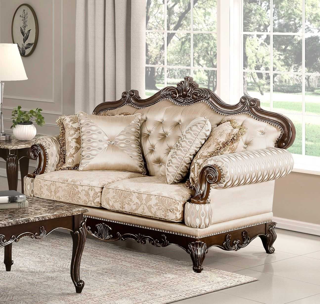 Formal Traditional Luxury Sofa Set 2pc Sofa Loveseat Cherry Finish with Gold Tipping Solid Wood Living Room Furniture - luxuryhomedecoridea.com