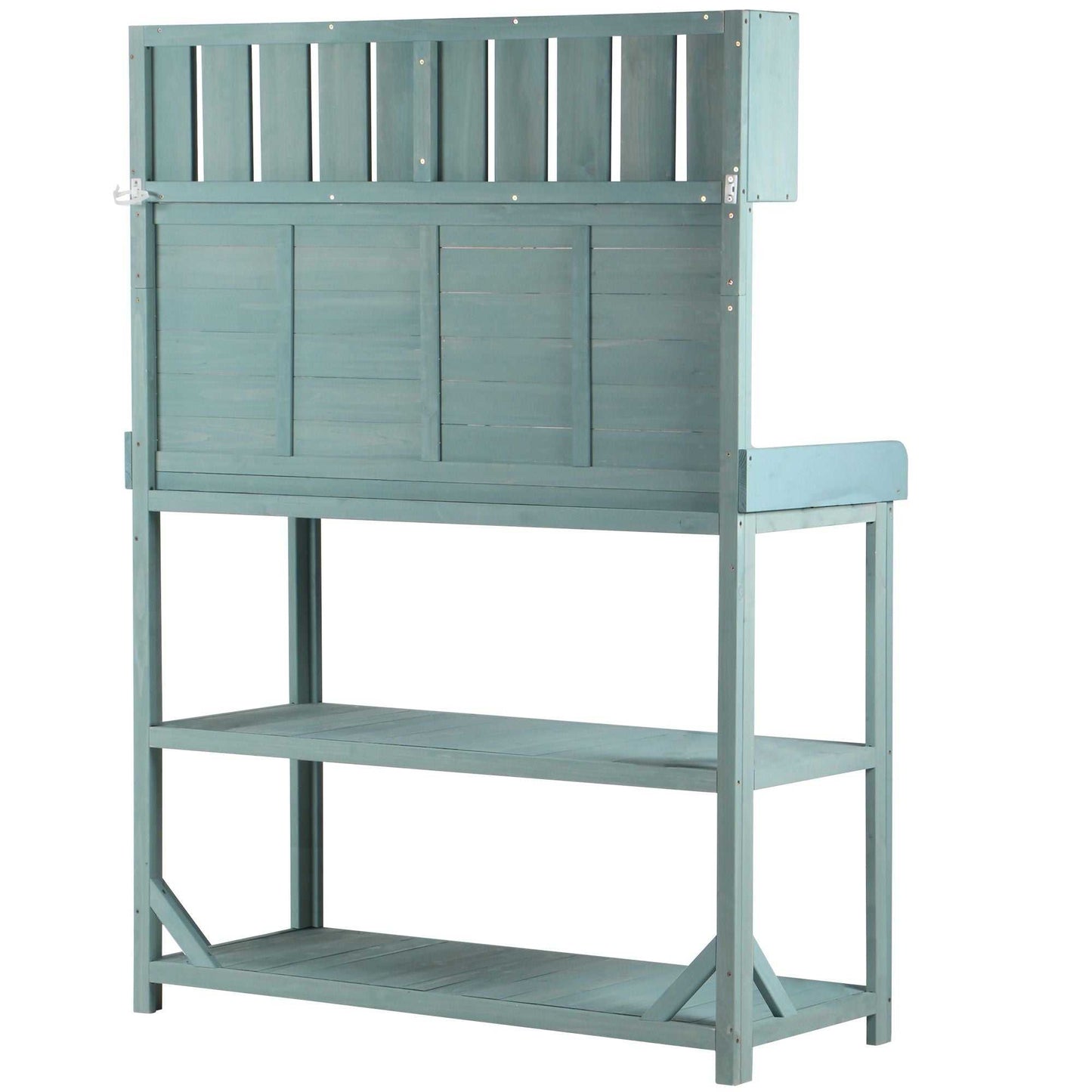65" Large Wooden Farmhouse Rustic Outdoor Potting Bench Table; Patio Workstation; Garden Potting Bench with 4 Storage Shelves and Side Hook - luxuryhomedecoridea.com