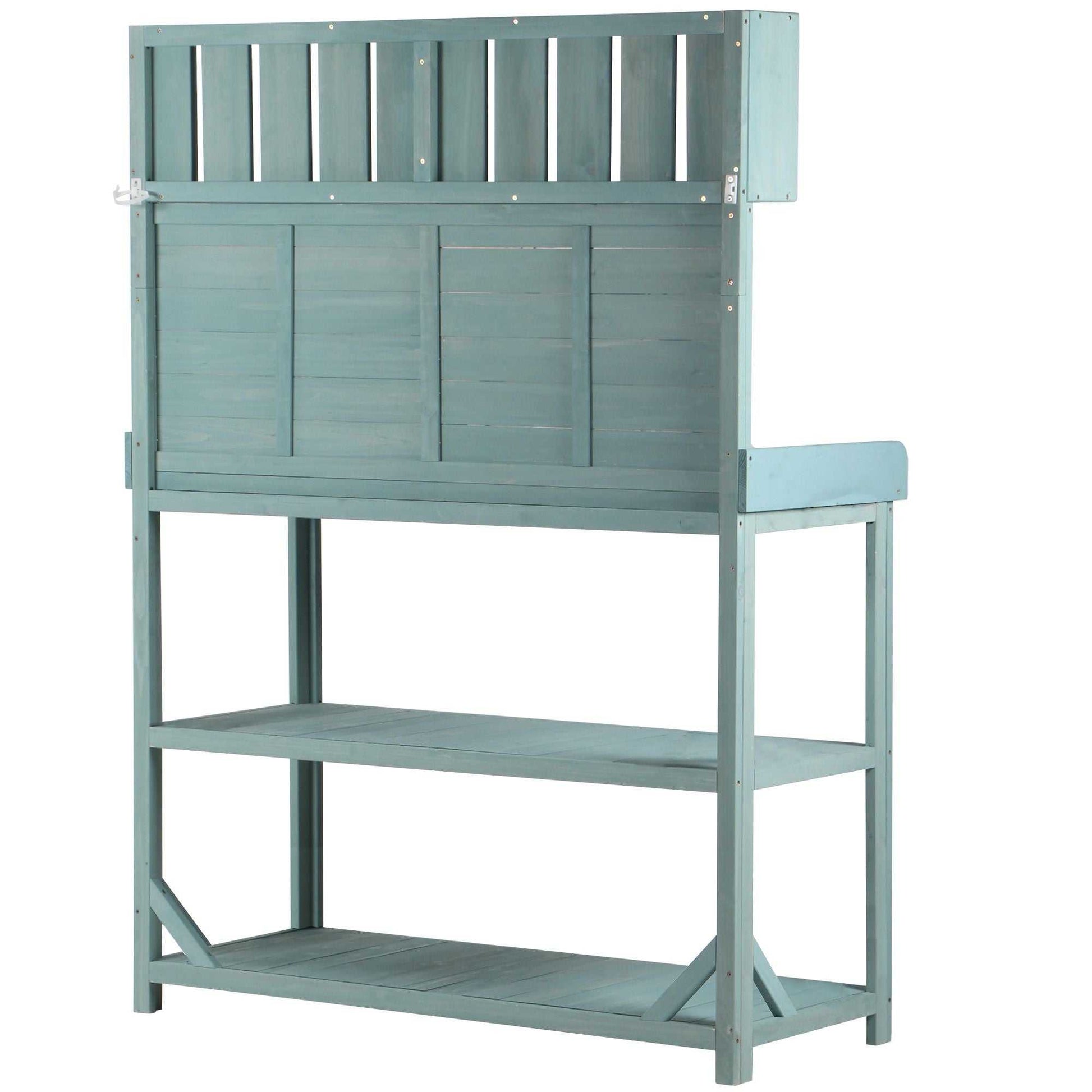65" Large Wooden Farmhouse Rustic Outdoor Potting Bench Table; Patio Workstation; Garden Potting Bench with 4 Storage Shelves and Side Hook - luxuryhomedecoridea.com