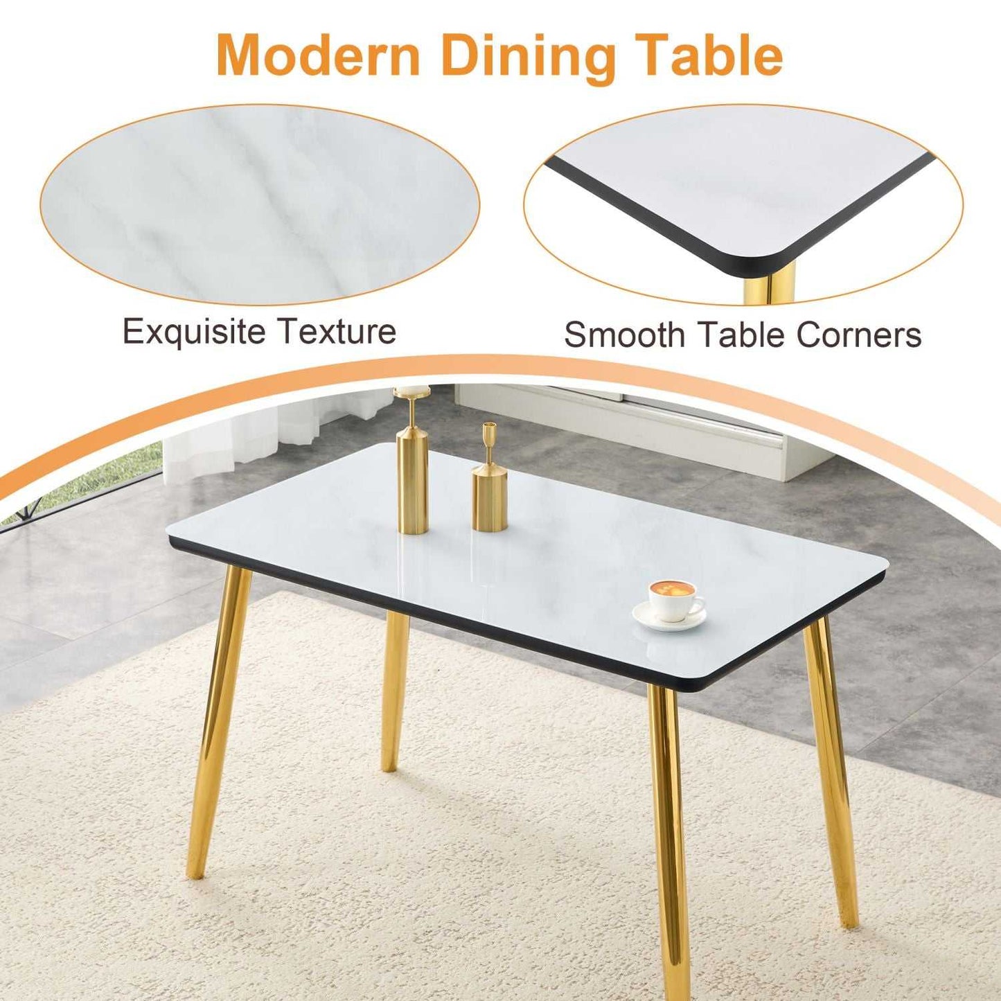 Table and chair set.Table and chair set.White imitation marble texture glass top + lower black MDF board,silver metal legs.Paired with 4 WHITE chairs with PU artificial leather backrest cushions. - luxuryhomedecoridea.com