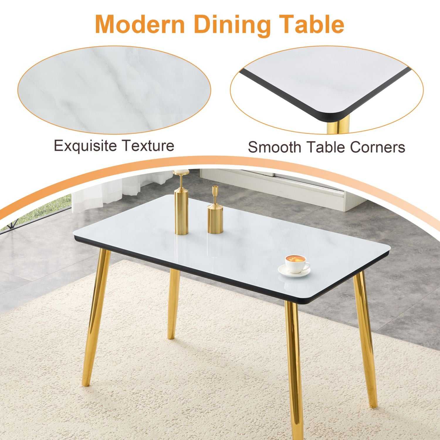Table and chair set.Table and chair set.White imitation marble texture glass top + lower black MDF board,silver metal legs.Paired with 4 WHITE chairs with PU artificial leather backrest cushions. - luxuryhomedecoridea.com