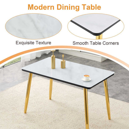 Table and chair set.Table and chair set.White imitation marble texture glass top + lower black MDF board,silver metal legs.Paired with 4 WHITE chairs with PU artificial leather backrest cushions. - luxuryhomedecoridea.com