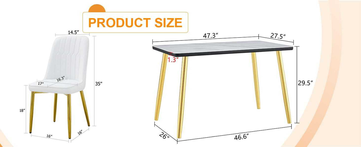 Table and chair set.Table and chair set.White imitation marble texture glass top + lower black MDF board,silver metal legs.Paired with 4 WHITE chairs with PU artificial leather backrest cushions. - luxuryhomedecoridea.com