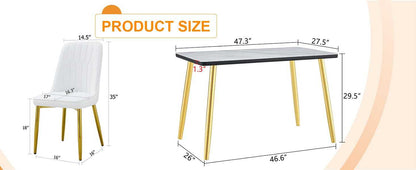Table and chair set.Table and chair set.White imitation marble texture glass top + lower black MDF board,silver metal legs.Paired with 4 WHITE chairs with PU artificial leather backrest cushions. - luxuryhomedecoridea.com