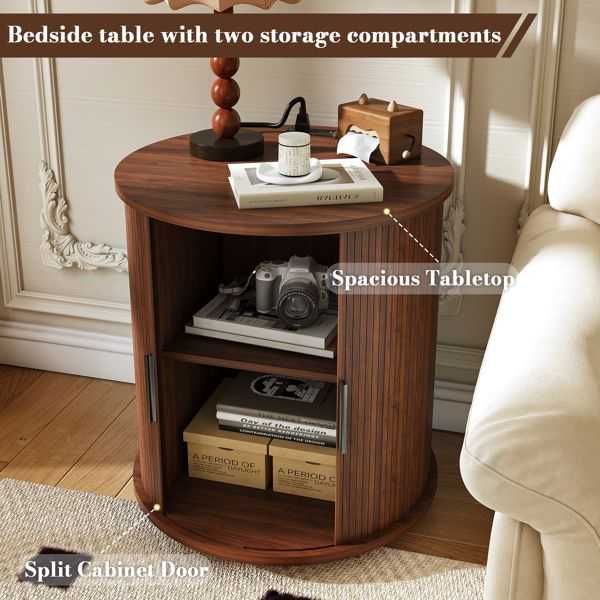 Mid Century Modern Cylinder End Table with Built-in Charging Station & Sliding Door, 2-Tier Storage Round Nightstand with USB Ports, Walnut Bedside Table for Living Room, Bedroom, Entryway - luxuryhomedecoridea.com