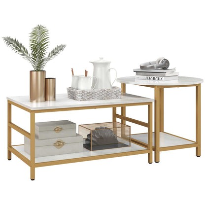 Coffee Tables Sets of 2, Rectangle and Round Coffee Table with Storage Shelves, Faux Marble Top, Living Room Table Set, White - luxuryhomedecoridea.com
