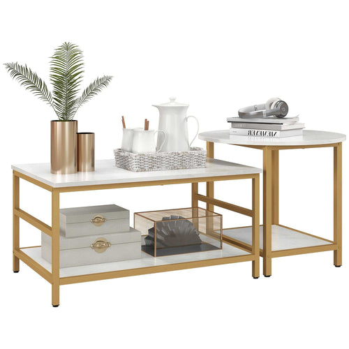Coffee Tables Sets of 2, Rectangle and Round Coffee Table with Storage Shelves, Faux Marble Top, Living Room Table Set, White - luxuryhomedecoridea.com