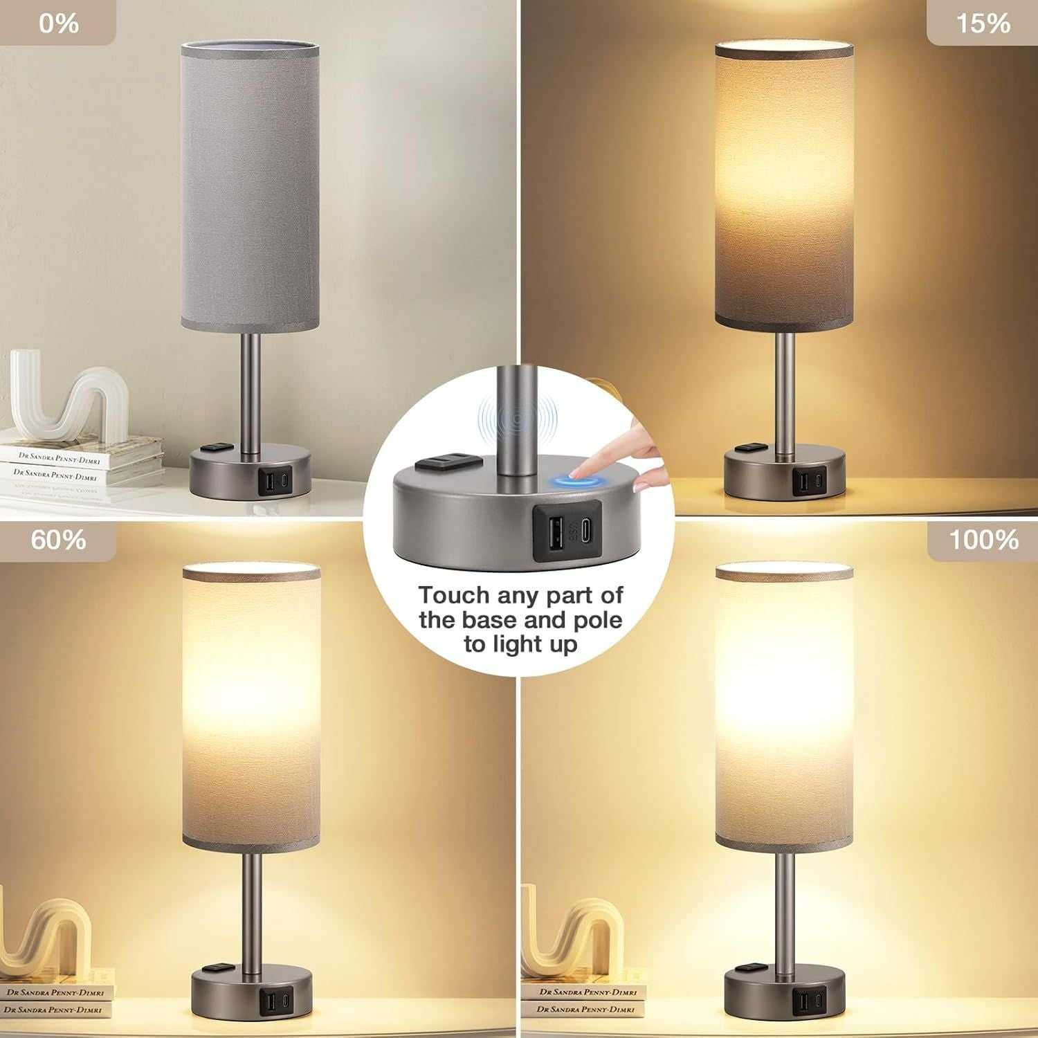 Grey Bedside Table Lamp for Bedroom - 3 Way Dimmable Touch Lamp USB C Charging Ports and AC Outlet, Small Lamp for Living Room, Desk, LED Bulb Included - luxuryhomedecoridea.com