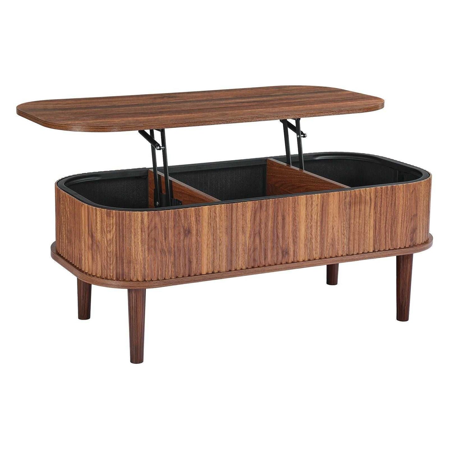 39.4 in Lift Top Coffee Table, Fluted Oval Coffee Table with 3 Hidden Compartment, Mid Century Wooden Oval Center Desk with Storage, Lift Up Tabletop for Home & Office, Easy Assembly, Walnut - luxuryhomedecoridea.com