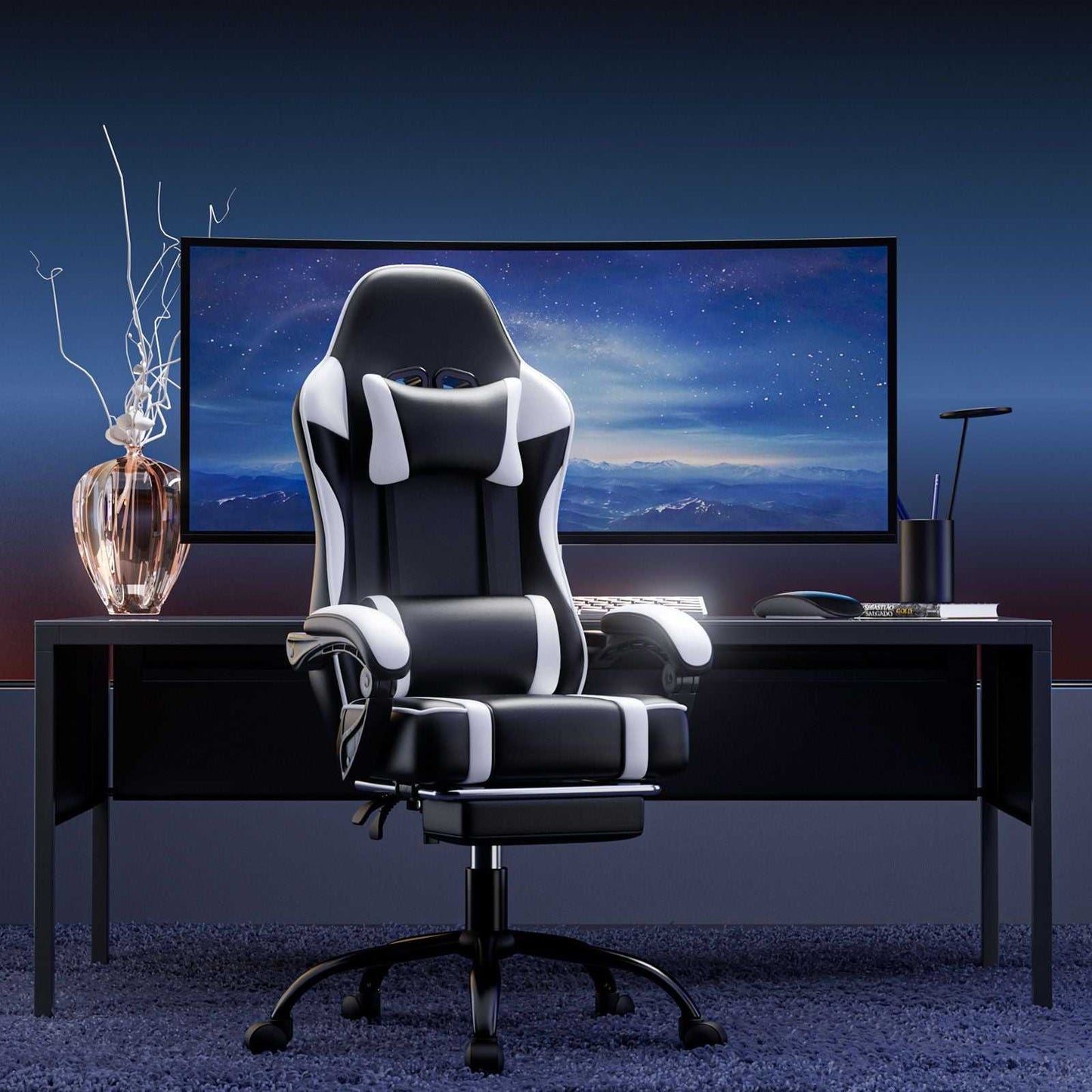 Video Game Chairs for Adults, PU Leather Gaming Chair with Footrest, 360°Swivel Adjustable Lumbar Pillow Gamer Chair, Comfortable Computer Chair for Heavy People - luxuryhomedecoridea.com