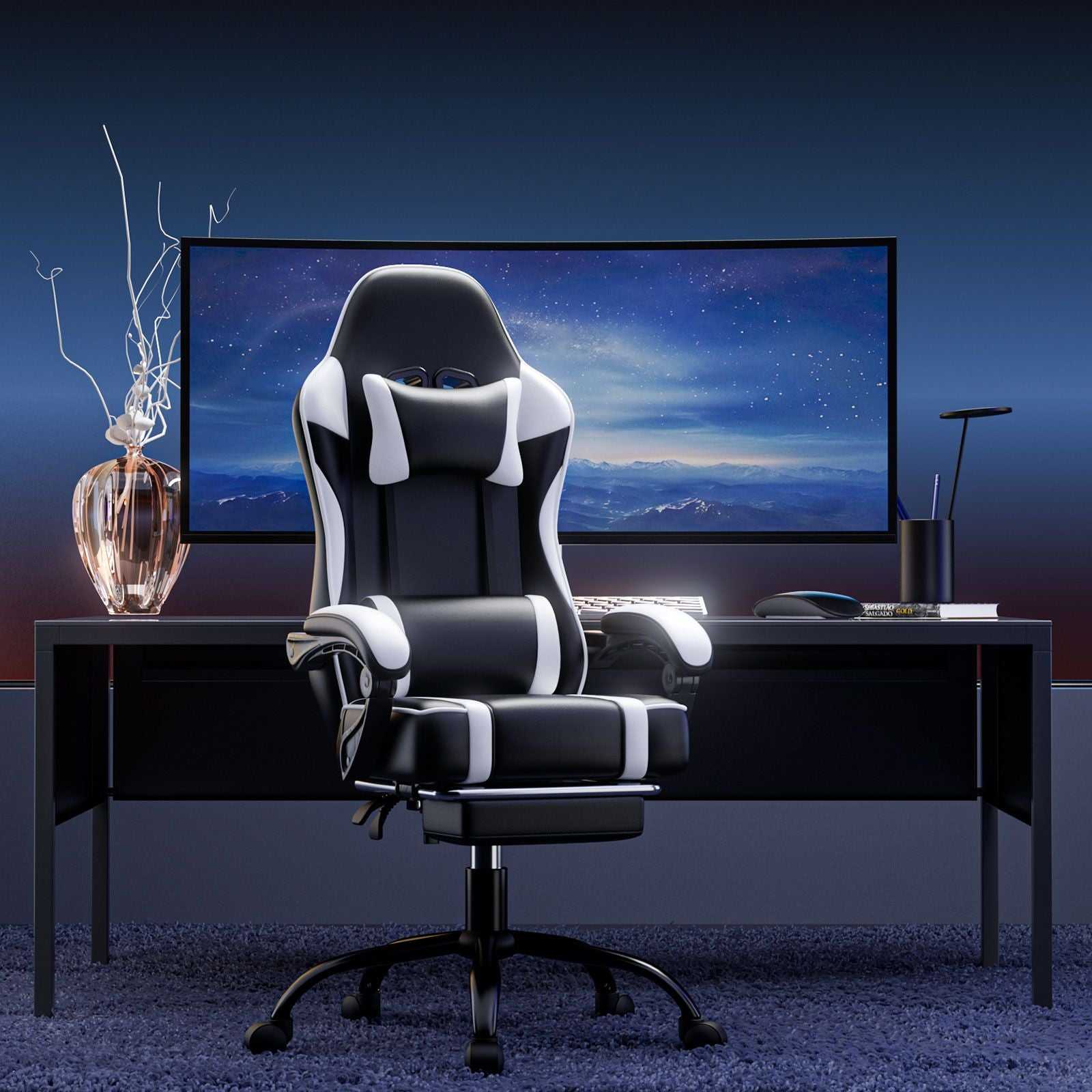 Video Game Chairs for Adults, PU Leather Gaming Chair with Footrest, 360°Swivel Adjustable Lumbar Pillow Gamer Chair, Comfortable Computer Chair for Heavy People - luxuryhomedecoridea.com