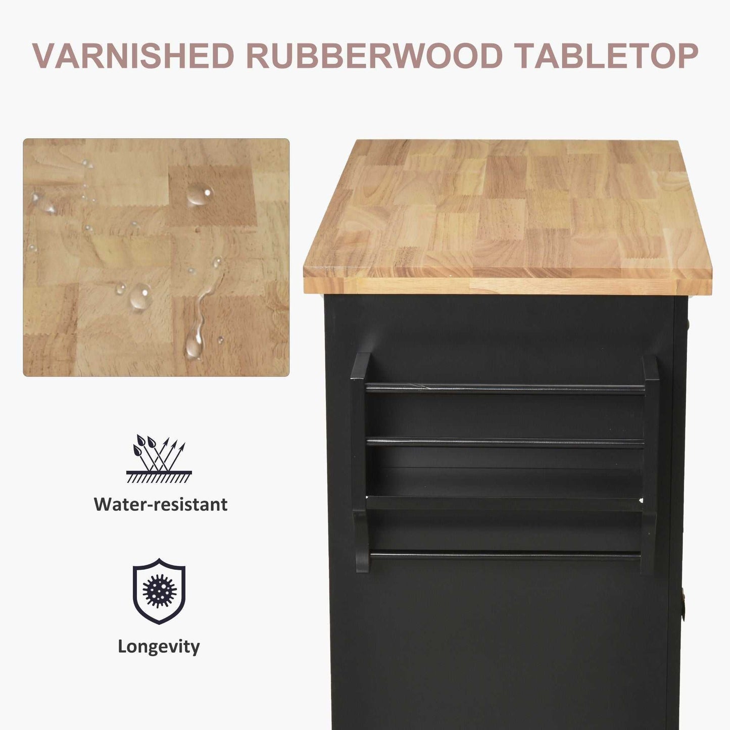 Kitchen Island Cart with Rubber Wood Top, Rolling Kitchen Island Table on Wheels with Drawers, Adjustable Shelves, Spice Rack and Towel Rack for Dining Room, Black - luxuryhomedecoridea.com