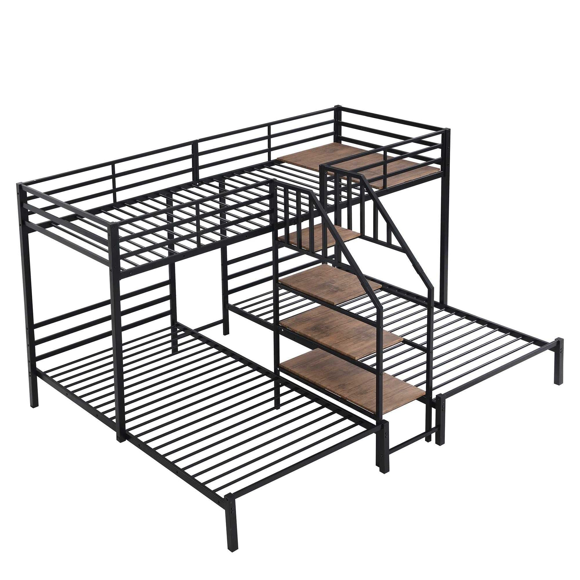 Metal Twin over Twin & Twin Bunk Bed, Triple Bunk Bed with Storage Shelves Staircase, Black - luxuryhomedecoridea.com