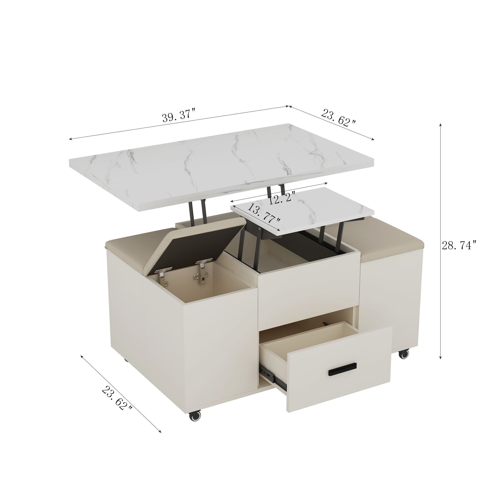 Modern Lift-Up Coffee Table with 4 Stools Set for Living Room Expandable 1 Hidden Storage + 2 Drawers Space Saving Folding Dining Table - luxuryhomedecoridea.com
