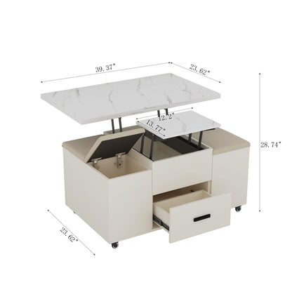 Modern Lift-Up Coffee Table with 4 Stools Set for Living Room Expandable 1 Hidden Storage + 2 Drawers Space Saving Folding Dining Table - luxuryhomedecoridea.com