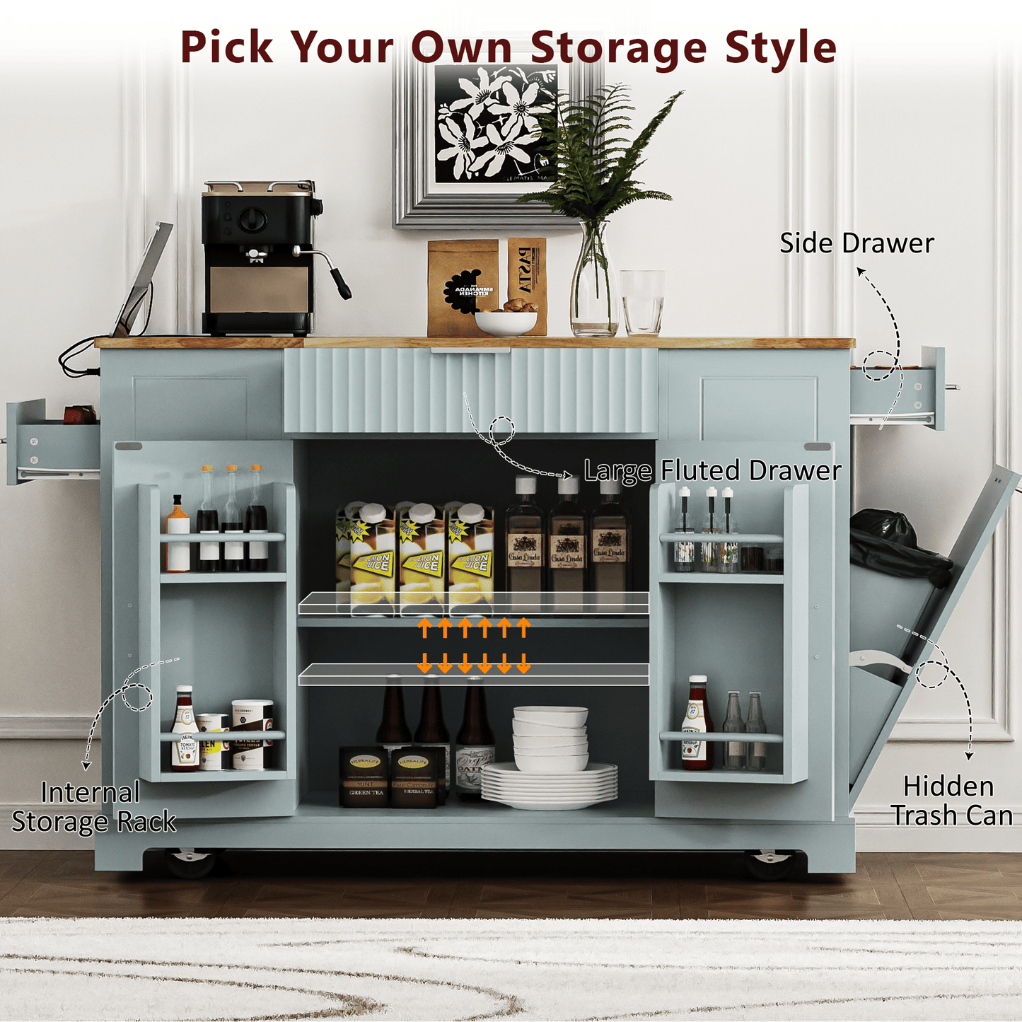 Fluted Kitchen Island with Trash Can Storage Cabinet, Power Outlet, Internal Storage Rack, Rolling Kitchen Islands on 5 Wheels with 3 Drawer, 3 Open Side Racks for 10 Gallon Garbage Bin - luxuryhomedecoridea.com