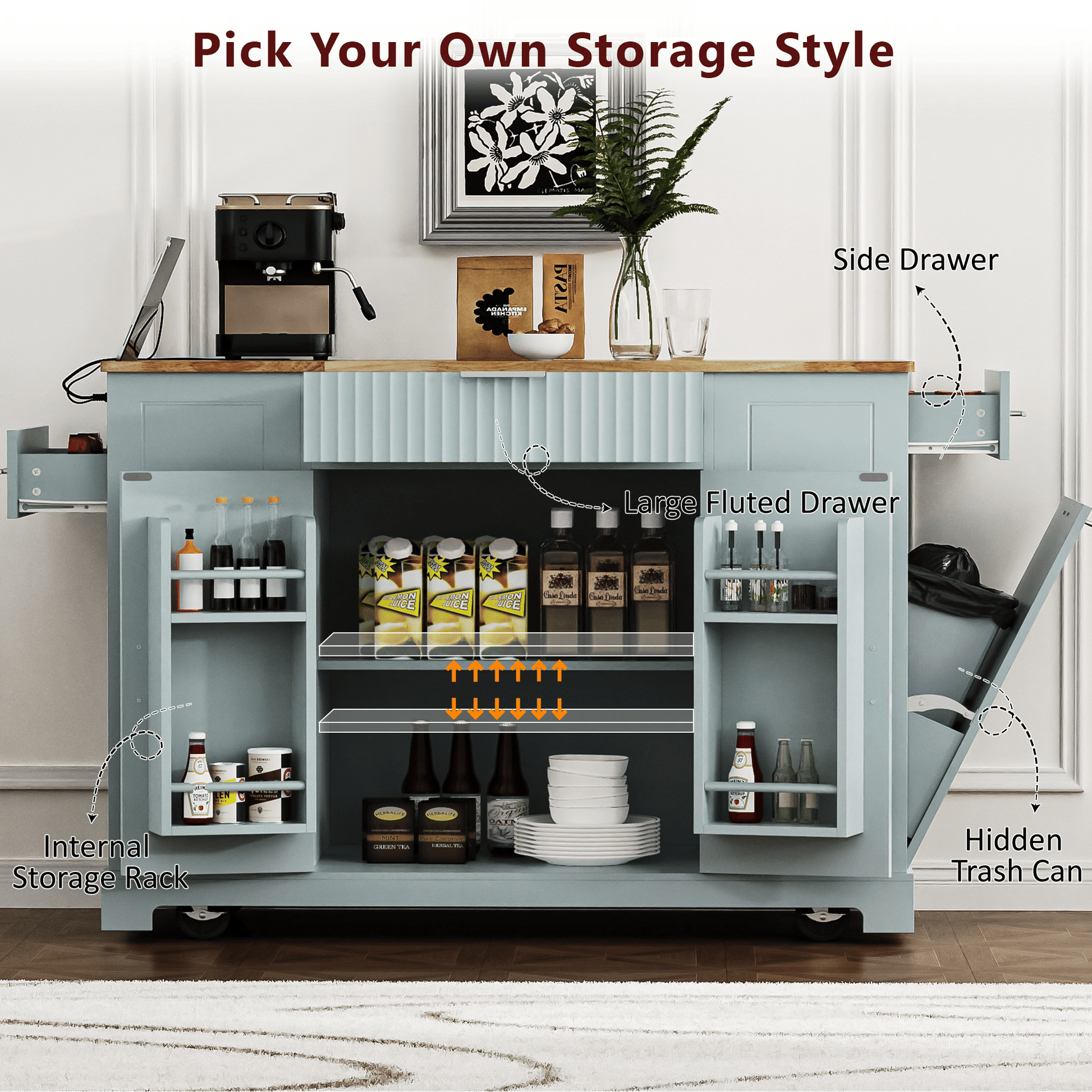 Fluted Kitchen Island with Trash Can Storage Cabinet, Power Outlet, Internal Storage Rack, Rolling Kitchen Islands on 5 Wheels with 3 Drawer, 3 Open Side Racks for 10 Gallon Garbage Bin - luxuryhomedecoridea.com