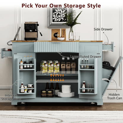 Fluted Kitchen Island with Trash Can Storage Cabinet, Power Outlet, Internal Storage Rack, Rolling Kitchen Islands on 5 Wheels with 3 Drawer, 3 Open Side Racks for 10 Gallon Garbage Bin - luxuryhomedecoridea.com