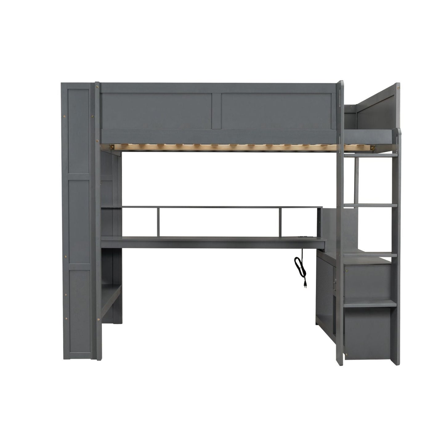 Wood Full Size Gaming Loft Bed with Desk, Multi-storage Shelves, LED and Charging Station, Dark Gray(Old SKU:SM000374AAE) - luxuryhomedecoridea.com