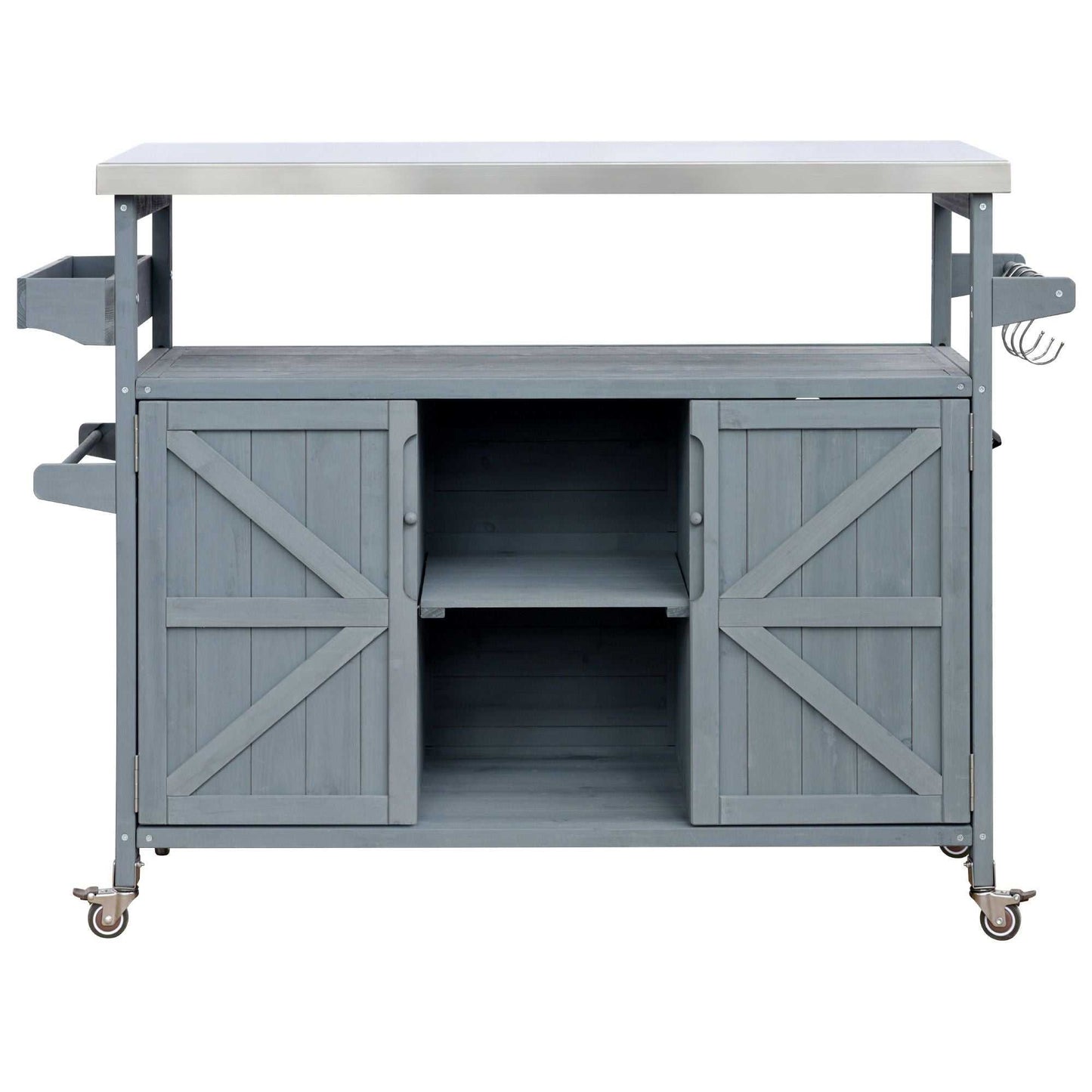 Outdoor Kitchen Island, Rolling Bar Cart & Storage Cabinet, Farmhouse Solid Wood Outdoor Grill Table with Stainless Steel Top, Spice Rack , Towel Rack for Kitchen & BBQ , Grey Blue - luxuryhomedecoridea.com