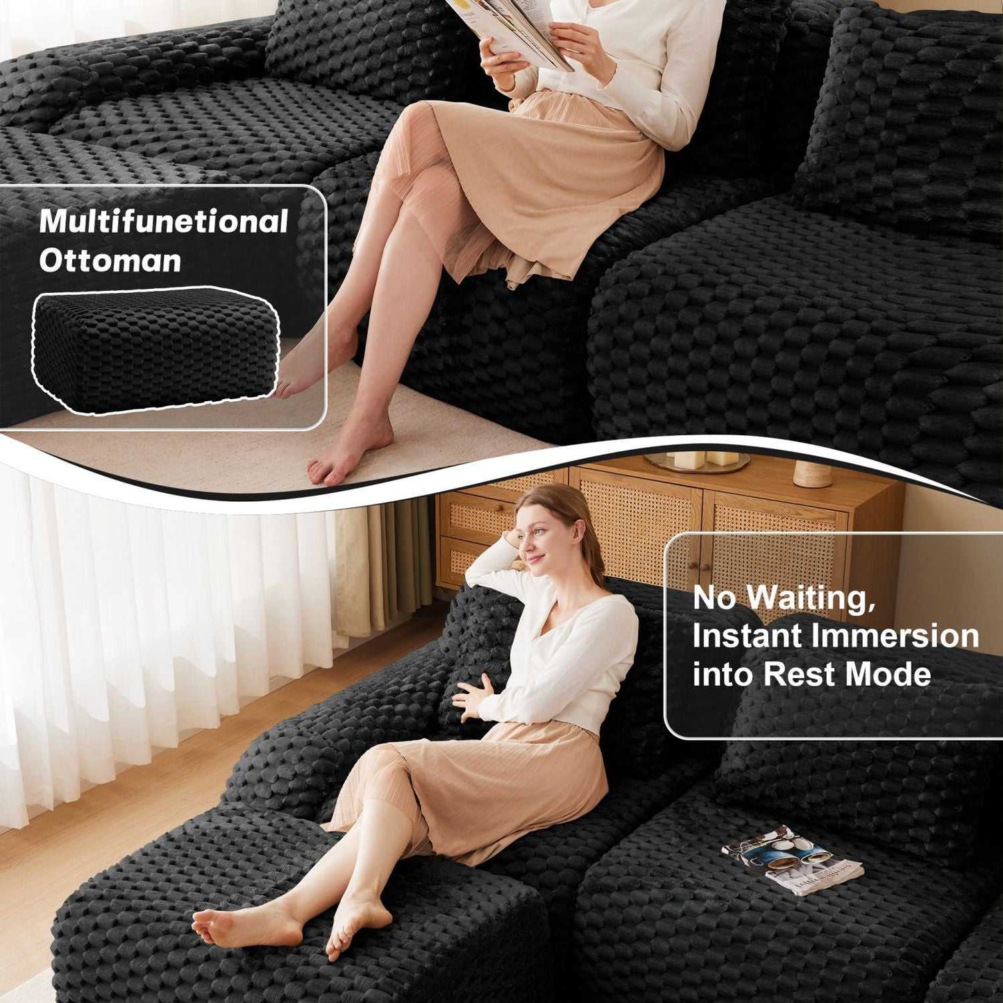 82" Modern L-Shaped Modular Sectional Sofa for Living Room,Flannelette Fabric,Oversized 2-Seater Couch,Deep Seat,Boneless sofa,Movable Ottoman,Buckle connection,Anti-slip Design,No Assembly,Black - luxuryhomedecoridea.com
