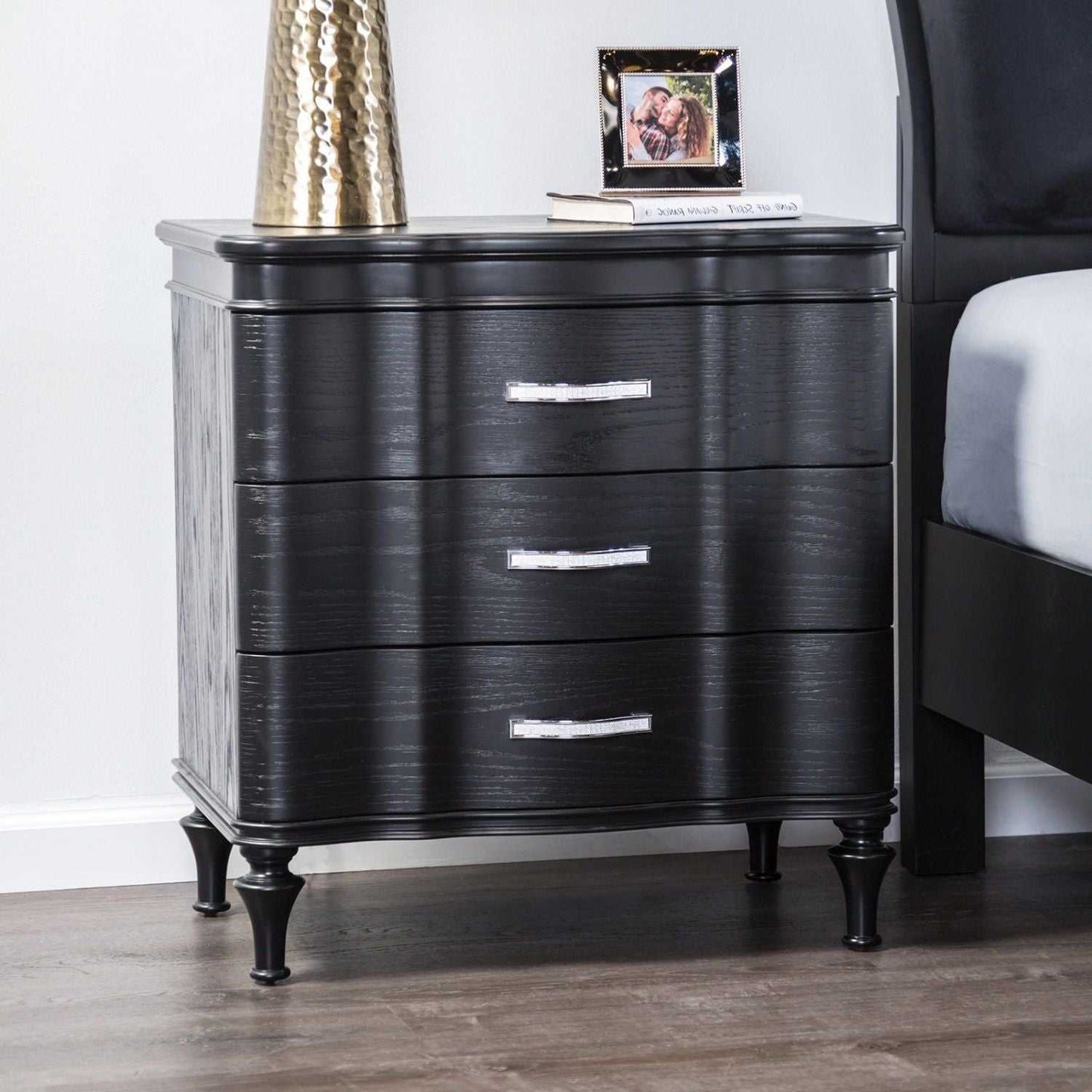 Glam Stylish Modern Black 1pc Nightstand Solidwood Turned Wood Leg Curved Front Panels Bedroom Furniture Bedside - luxuryhomedecoridea.com