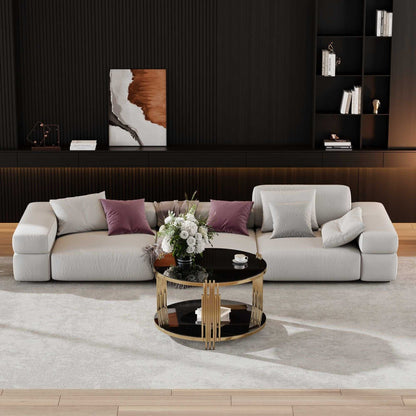 Modern Black Mirror Coffee Table, Asymmetrical Metal, Circular Metal Drum Base, Gold Finish & Lower Shelf - luxuryhomedecoridea.com