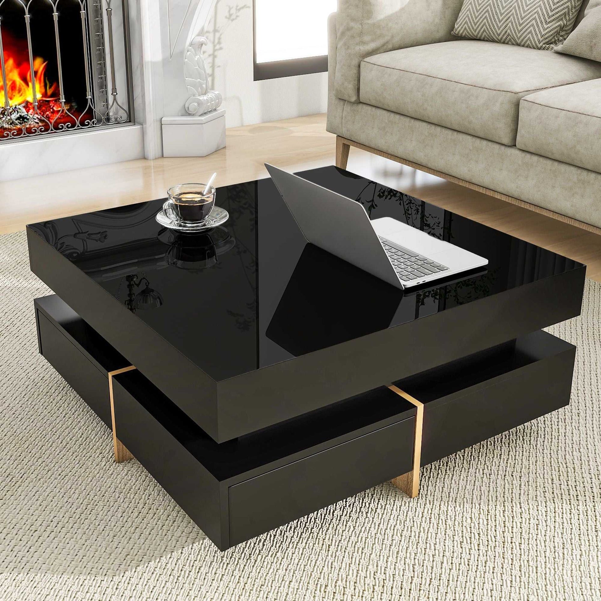 ON-TREND Modern High Gloss Coffee Table with 4 Drawers, Multi-Storage Square Cocktail Tea Table with Wood Grain Legs, Center Table for Living Room, 31.5''x31.5'', Black - luxuryhomedecoridea.com