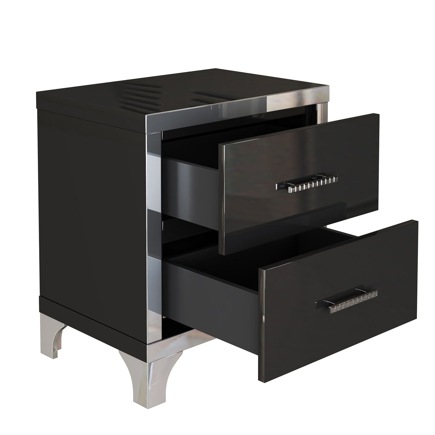 Elegant High Gloss Nightstand with Metal Handle,Mirrored Bedside Table with 2 Drawers for Bedroom,Living Room - luxuryhomedecoridea.com