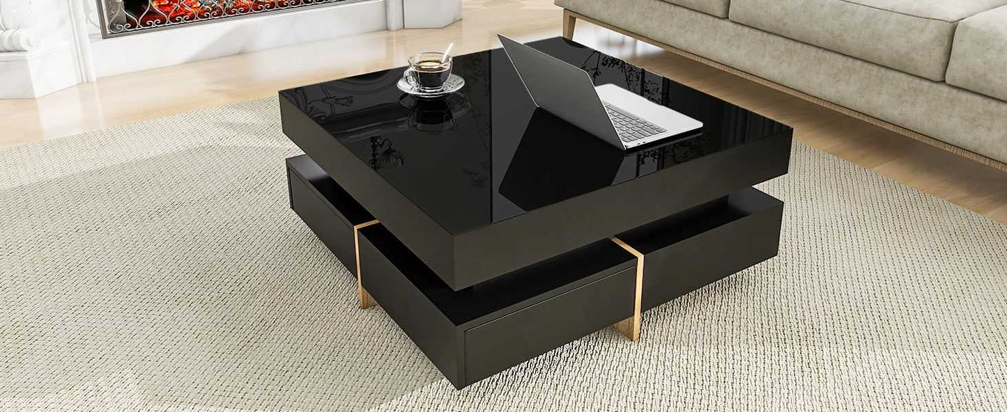 ON-TREND Modern High Gloss Coffee Table with 4 Drawers, Multi-Storage Square Cocktail Tea Table with Wood Grain Legs, Center Table for Living Room, 31.5''x31.5'', Black - luxuryhomedecoridea.com