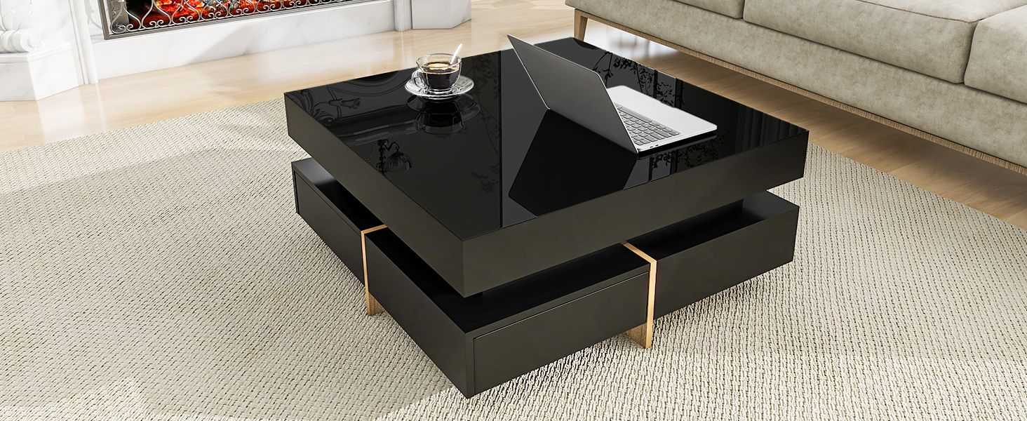 ON-TREND Modern High Gloss Coffee Table with 4 Drawers, Multi-Storage Square Cocktail Tea Table with Wood Grain Legs, Center Table for Living Room, 31.5''x31.5'', Black - luxuryhomedecoridea.com