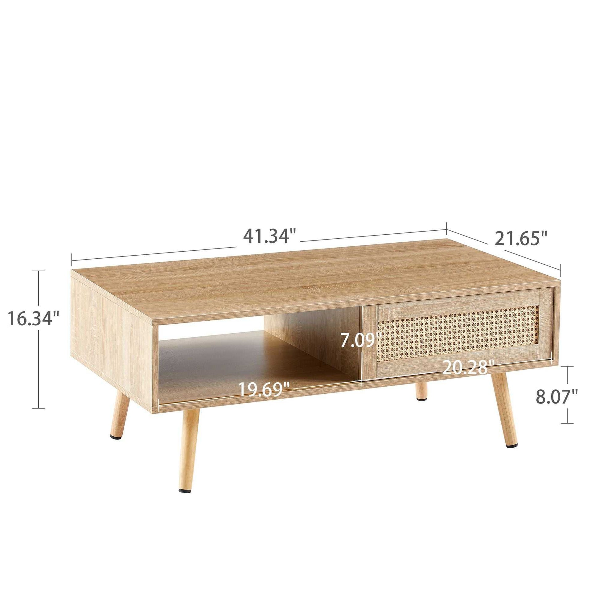 41.34" Rattan Coffee table, sliding door for storage, solid wood legs, Modern table for living room - luxuryhomedecoridea.com