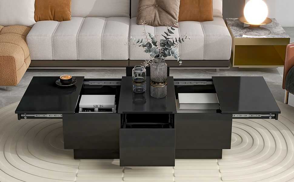 Coffee Table with 2 large Hidden Storage Compartment, Extendable Cocktail Table with 2 Drawers, High-gloss Center Table with Sliding Top for Living Room, 39.3"x21.6", Black - luxuryhomedecoridea.com
