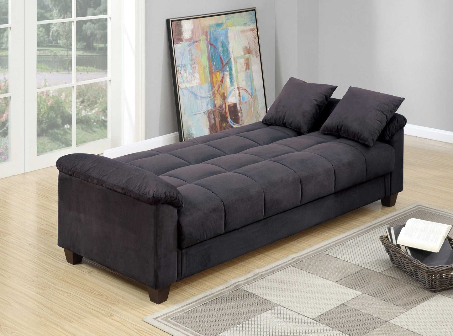 Contemporary Living Room Adjustable Sofa Ebony Microfiber Couch Plush Storage Couch 1pc Futon Sofa w Pillows - luxuryhomedecoridea.com