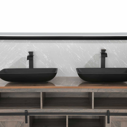 14.38" L -22.25" W -4-3/8 in. H Matte Shell Glass Rectangular Vessel Bathroom Sink in Black with Faucet and Pop-Up Drain in Matte Black - luxuryhomedecoridea.com