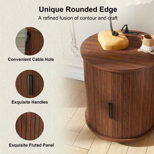 Mid Century Modern Cylinder End Table with Built-in Charging Station & Sliding Door, 2-Tier Storage Round Nightstand with USB Ports, Walnut Bedside Table for Living Room, Bedroom, Entryway - luxuryhomedecoridea.com