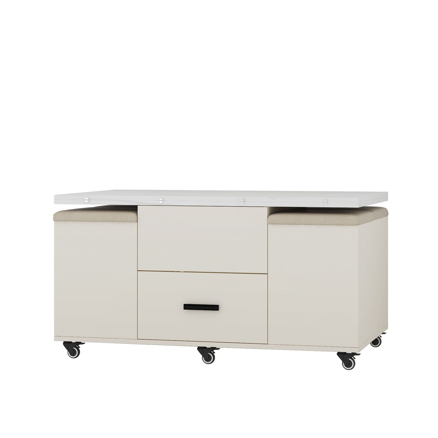 Modern Lift-Up Coffee Table with 4 Stools Set for Living Room Expandable 1 Hidden Storage + 2 Drawers Space Saving Folding Dining Table - luxuryhomedecoridea.com