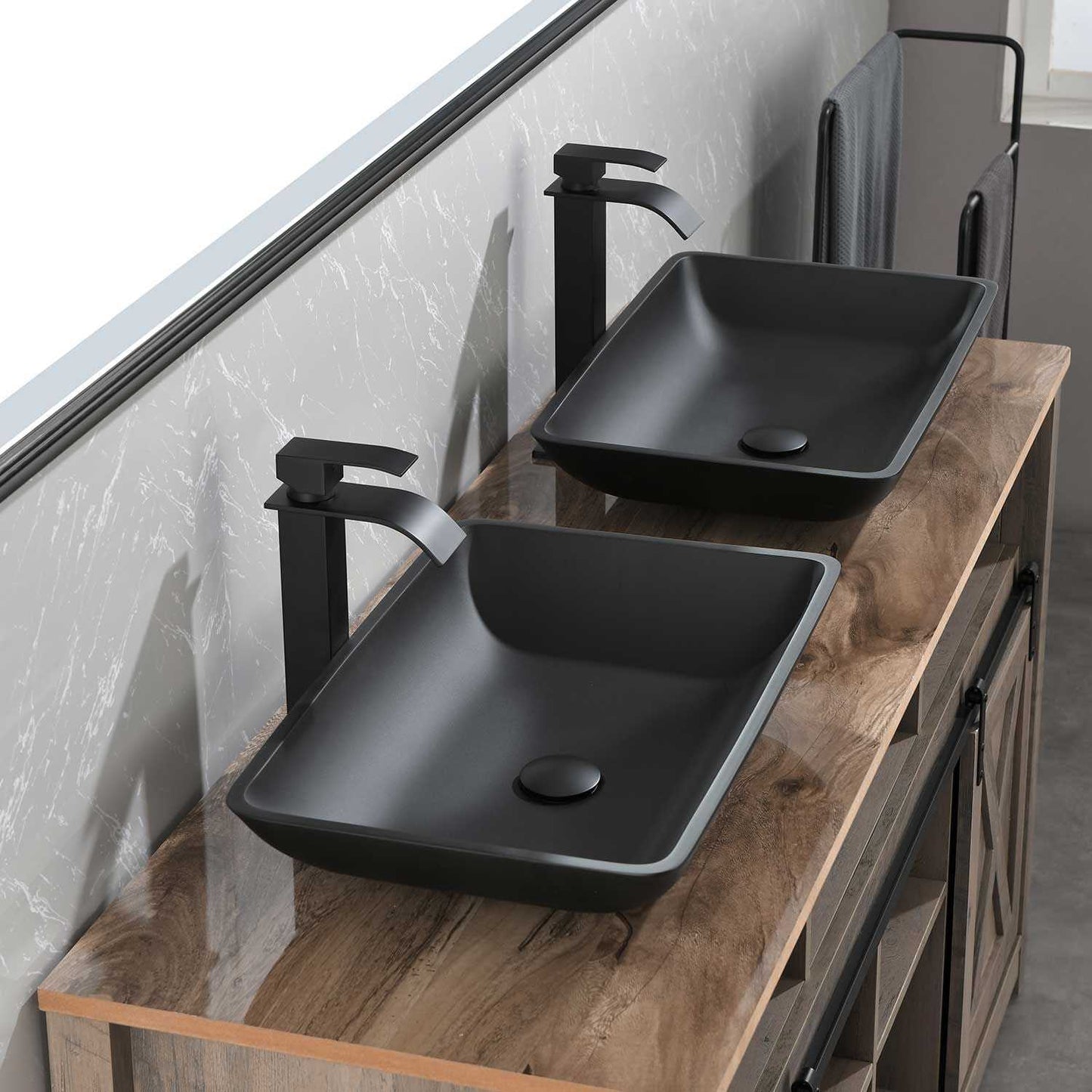 14.38" L -22.25" W -4-3/8 in. H Matte Shell Glass Rectangular Vessel Bathroom Sink in Black with Faucet and Pop-Up Drain in Matte Black - luxuryhomedecoridea.com