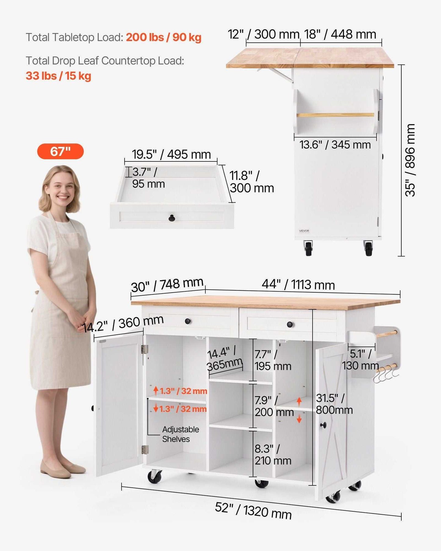 VEVOR Kitchen Island Cart, with Solid Wood Top and Storage Cabinet, Mobile Rolling Table with Drop Leaf, Drawers, Spice Towel Rack, Portable Islands on Swivel Wheels for Dining Room, 52in Width, White - luxuryhomedecoridea.com