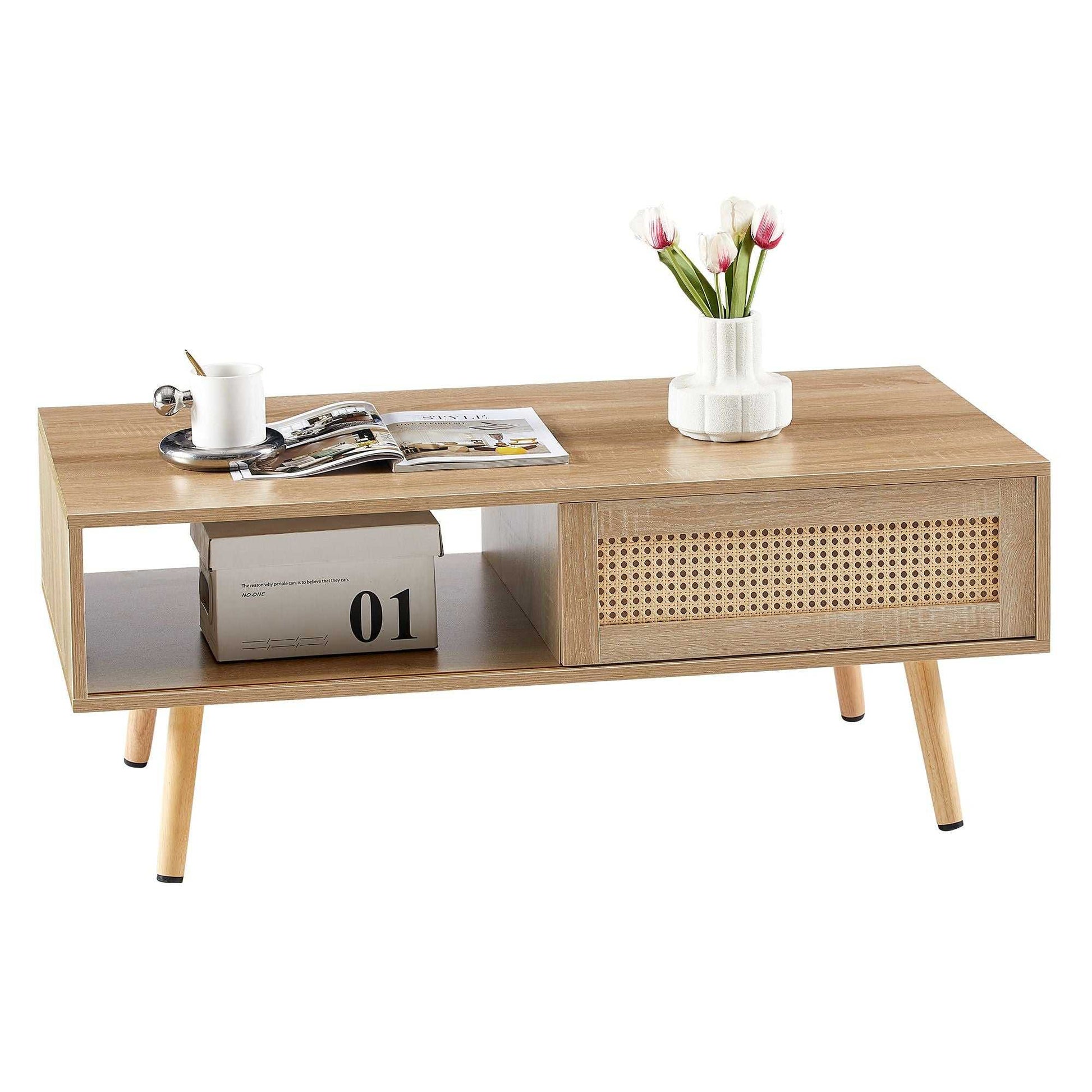41.34" Rattan Coffee table, sliding door for storage, solid wood legs, Modern table for living room - luxuryhomedecoridea.com