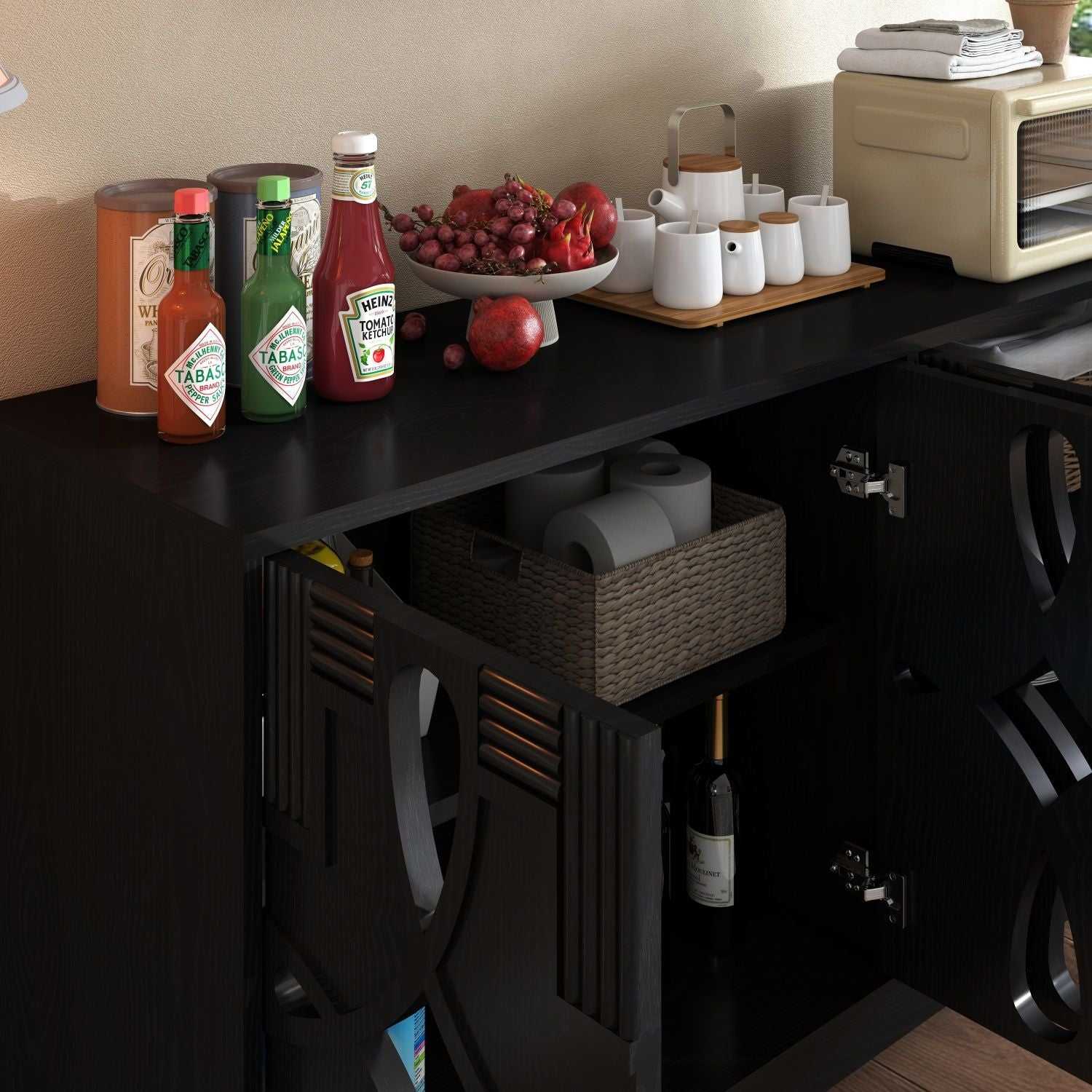 60.5" Mid Century Modern Sideboard Buffet Cabinet with Storage, TV Media Console Table, Storage Cabinet with 4 Doors & Adjustable Shelves for Kitchen Dining Living Room Entryway, Black - luxuryhomedecoridea.com