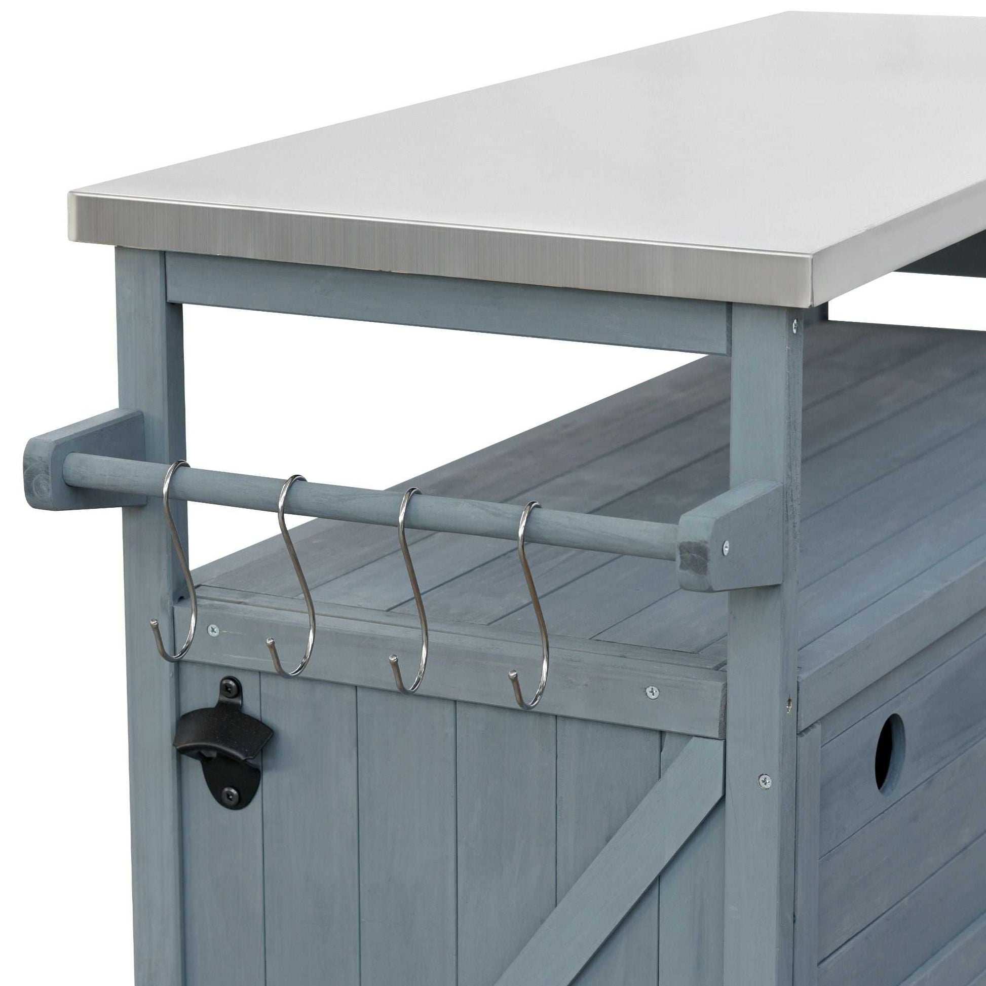 K&K Outdoor Kitchen Island, Rolling Bar Cart & Storage Cabinet, Farmhouse Solid Wood Outdoor Grill Table with Stainless Steel Top, Spice Rack , Towel Rack for Kitchen & BBQ , Grey Blue - luxuryhomedecoridea.com
