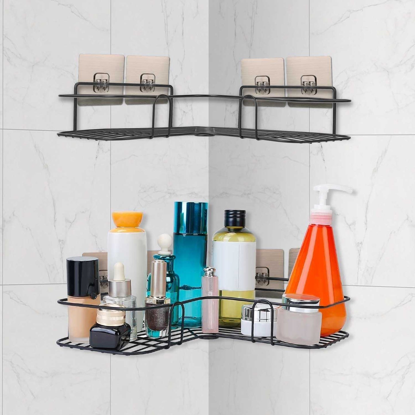 2Pcs Corner Shower Caddy Shelves Wall Mounted Basket Rack Bathroom Shampoo Holder Storage Organizer - luxuryhomedecoridea.com