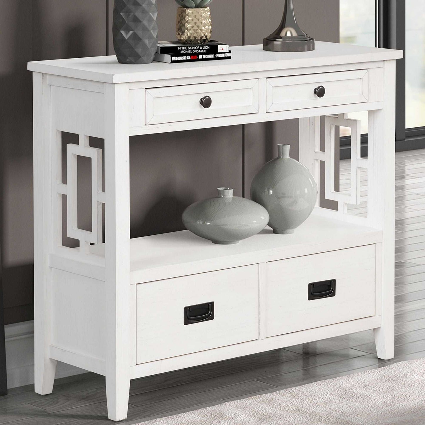 36'' Farmhouse Pine Wood Console Table Entry Sofa Table with 4 Drawers & 1 Storage Shelf for Entryway Living Room Bedroom Hallway Kitchen (Antique White) - luxuryhomedecoridea.com