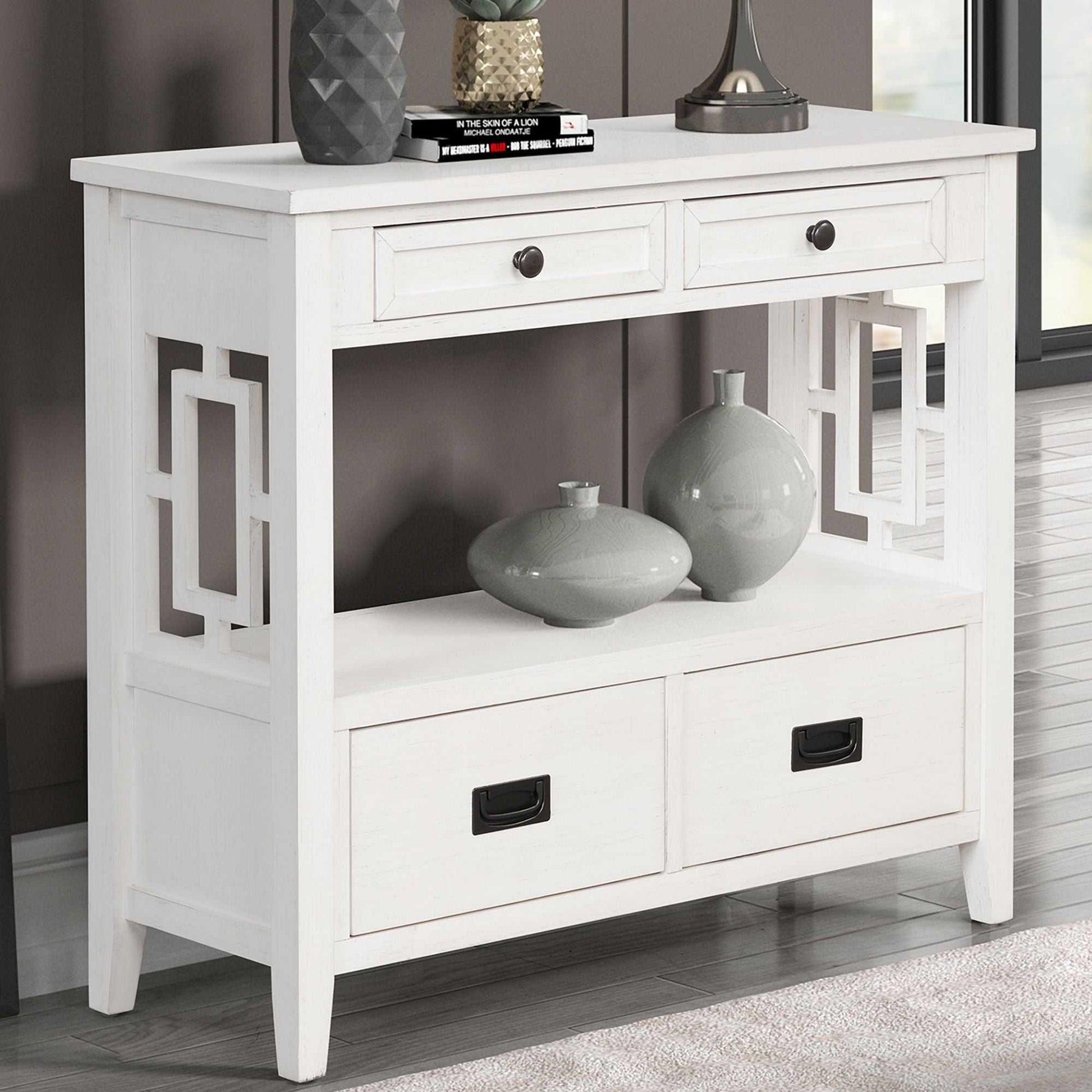 36'' Farmhouse Pine Wood Console Table Entry Sofa Table with 4 Drawers & 1 Storage Shelf for Entryway Living Room Bedroom Hallway Kitchen (Antique White) - luxuryhomedecoridea.com