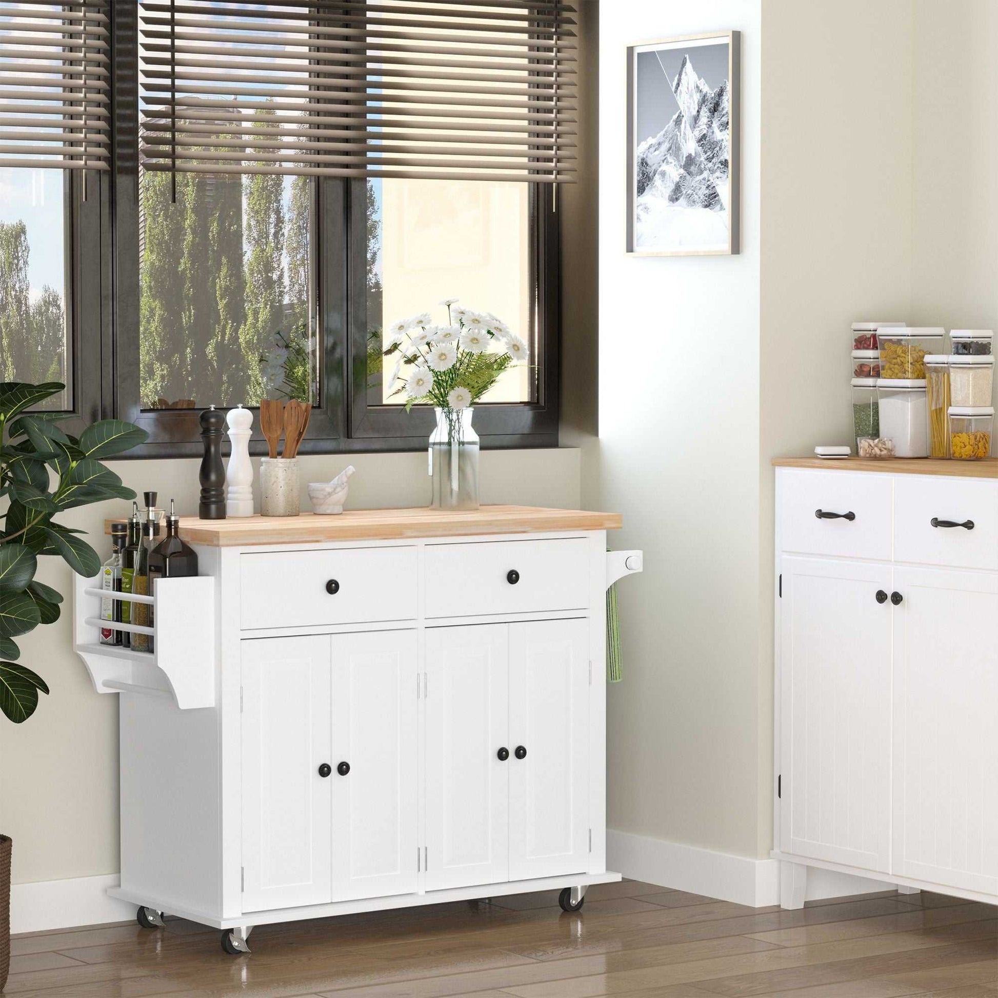Rolling Kitchen Cart, White, Wood Top, Spice/Towel Rack, Storage Drawers, Movable Dining Room Trolley - luxuryhomedecoridea.com