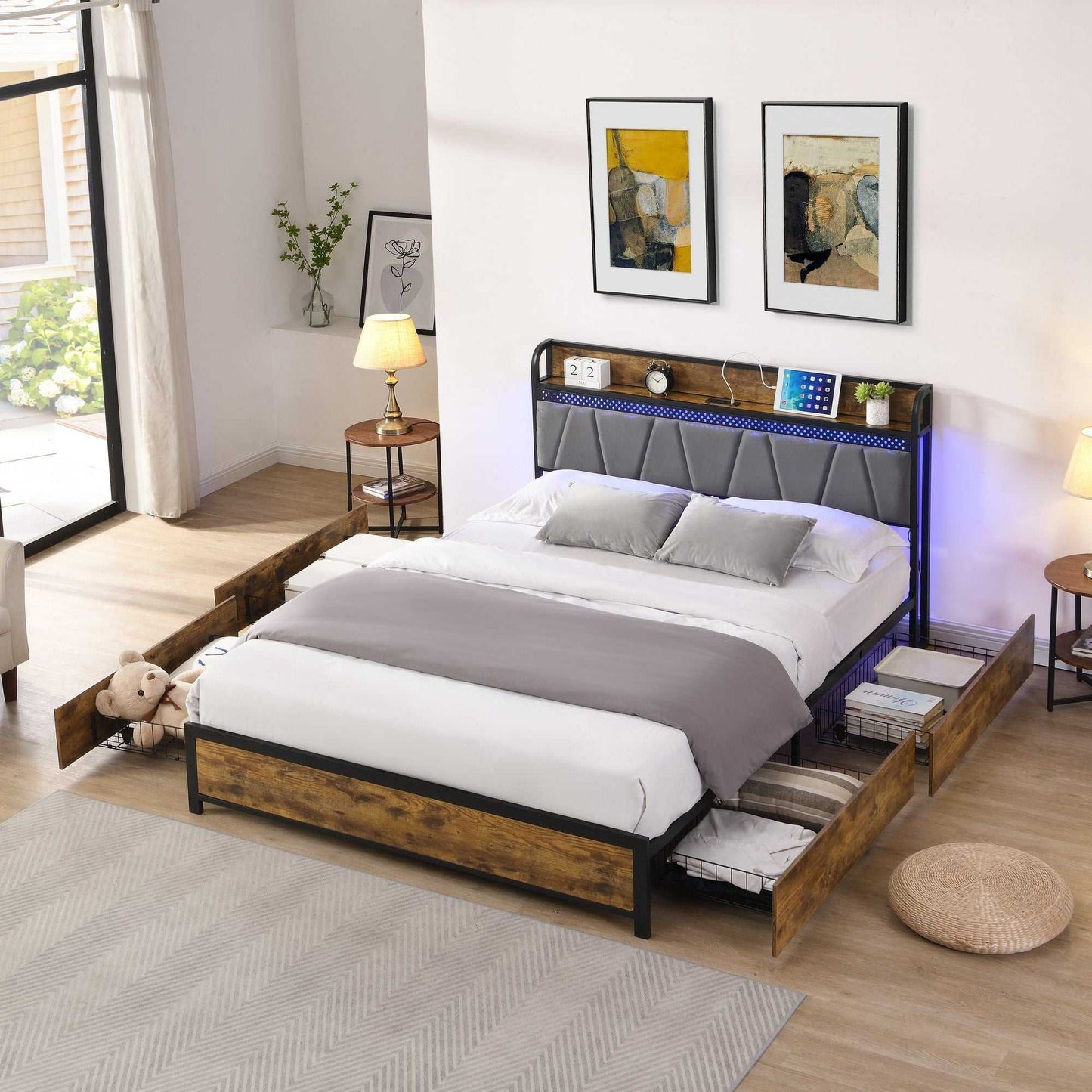 Queen Size Bed Frame, Storage Headboard with Charging Station and 4 Storage Drawers,LED Lights , Brown and Gray - luxuryhomedecoridea.com